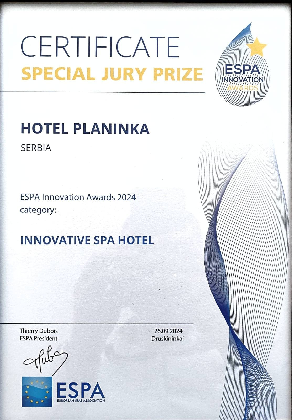 ESPA INNOVATION AWARD 2024 - INNOVATIVE SPA HOTEL - Planinka Hotel Certificate image.